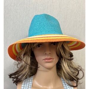 NWOT Magid colorful turquoise orange yellow white striped straw summer hat O/S